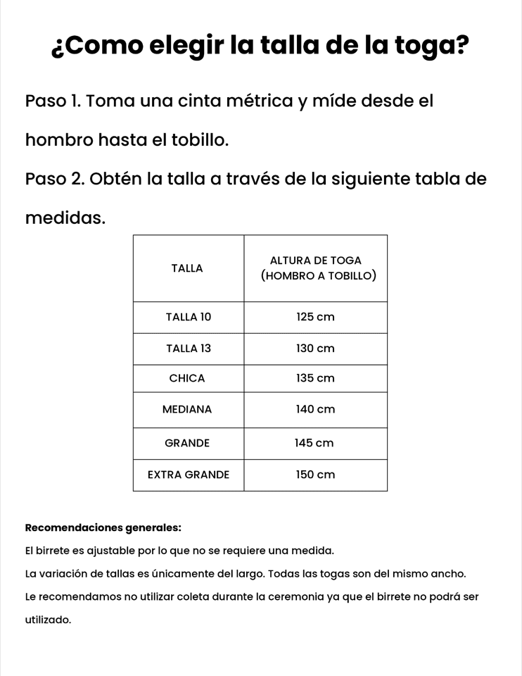 Tabla de tallas Laurenti — guía de medición de toga del hombro al tobillo